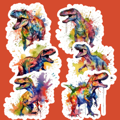 Colorful T-rex Dinosaur Watercolor Sticker Sets