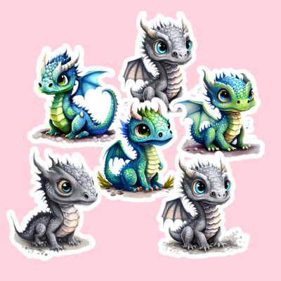 Cute Dragon Stickers - Green and Gray